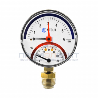 Термоманометр радиальный STOUT - 1/2" (D80 мм, шкала 0-120°C/0-4 бар, с запорным клапаном)